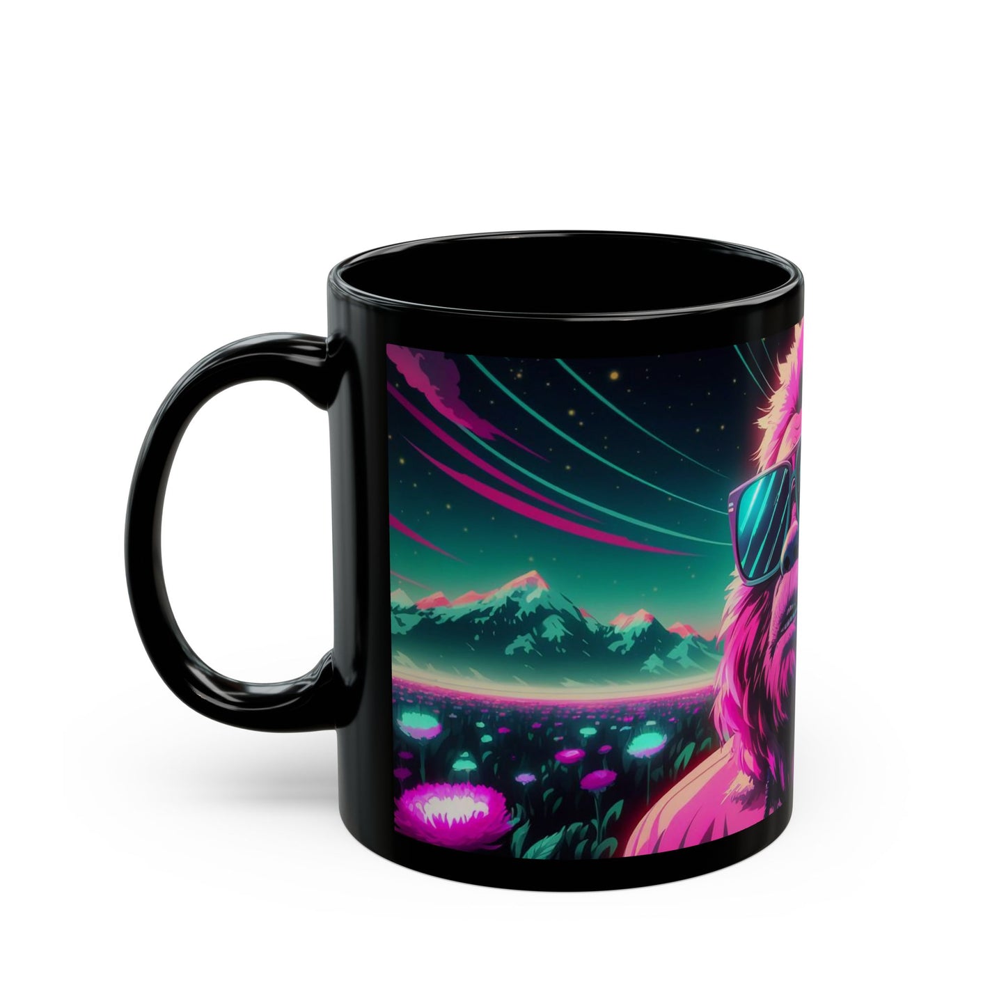 Bigfoot Vaporwave Mug – Neon Sky & Surreal