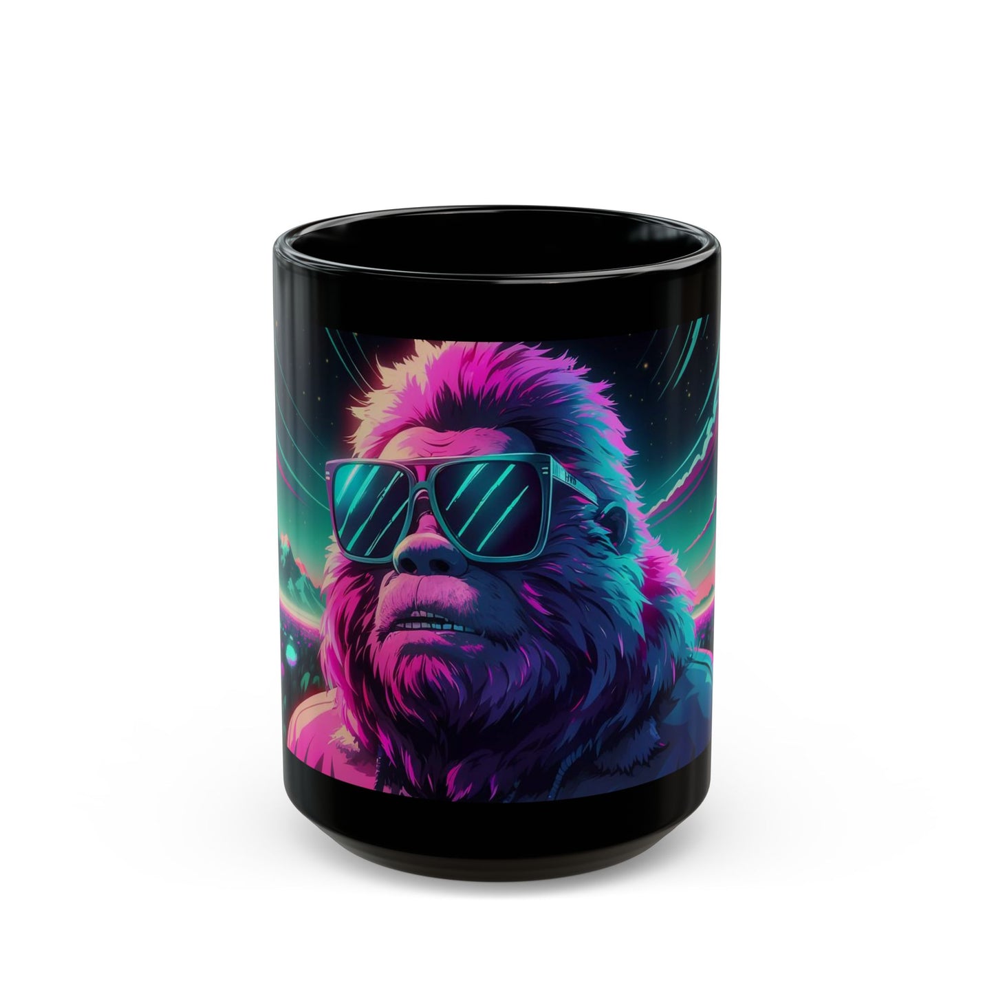 Bigfoot Vaporwave Mug – Neon Sky & Surreal