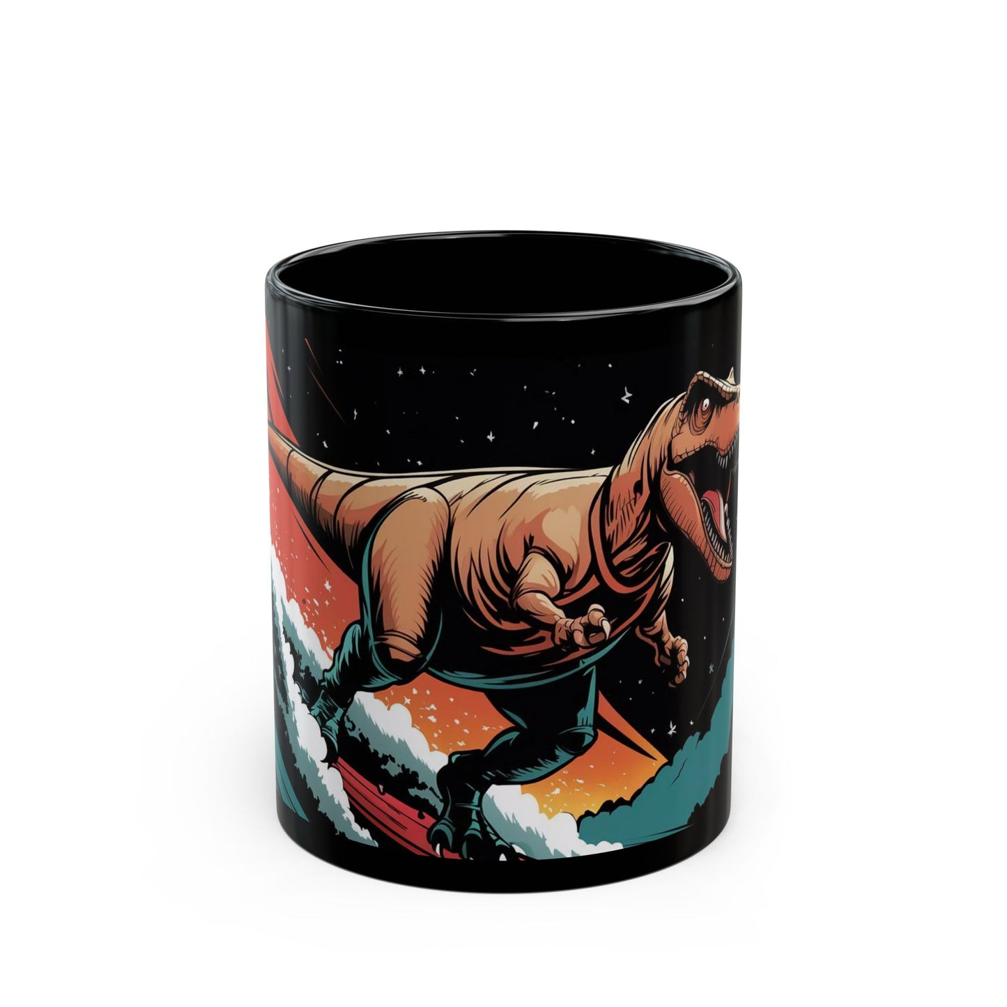 Cosmic Surfing T-Rex Mug – Bold Comic Book Style Adventure