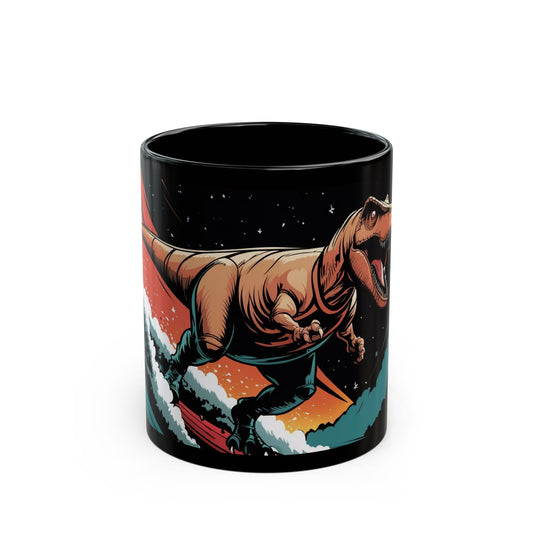 Cosmic Surfing T-Rex Mug – Bold Comic Book Style Adventure