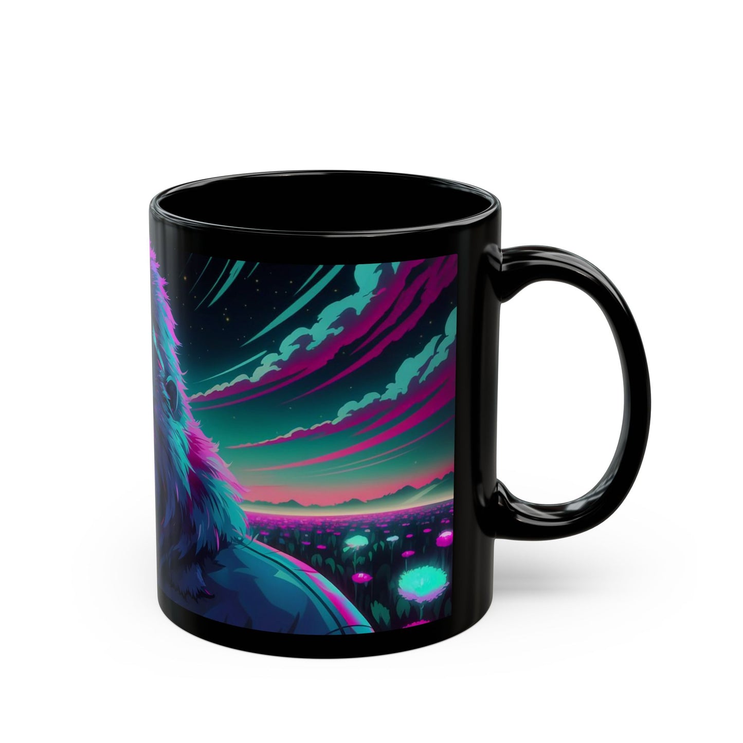 Bigfoot Vaporwave Mug – Neon Sky & Surreal
