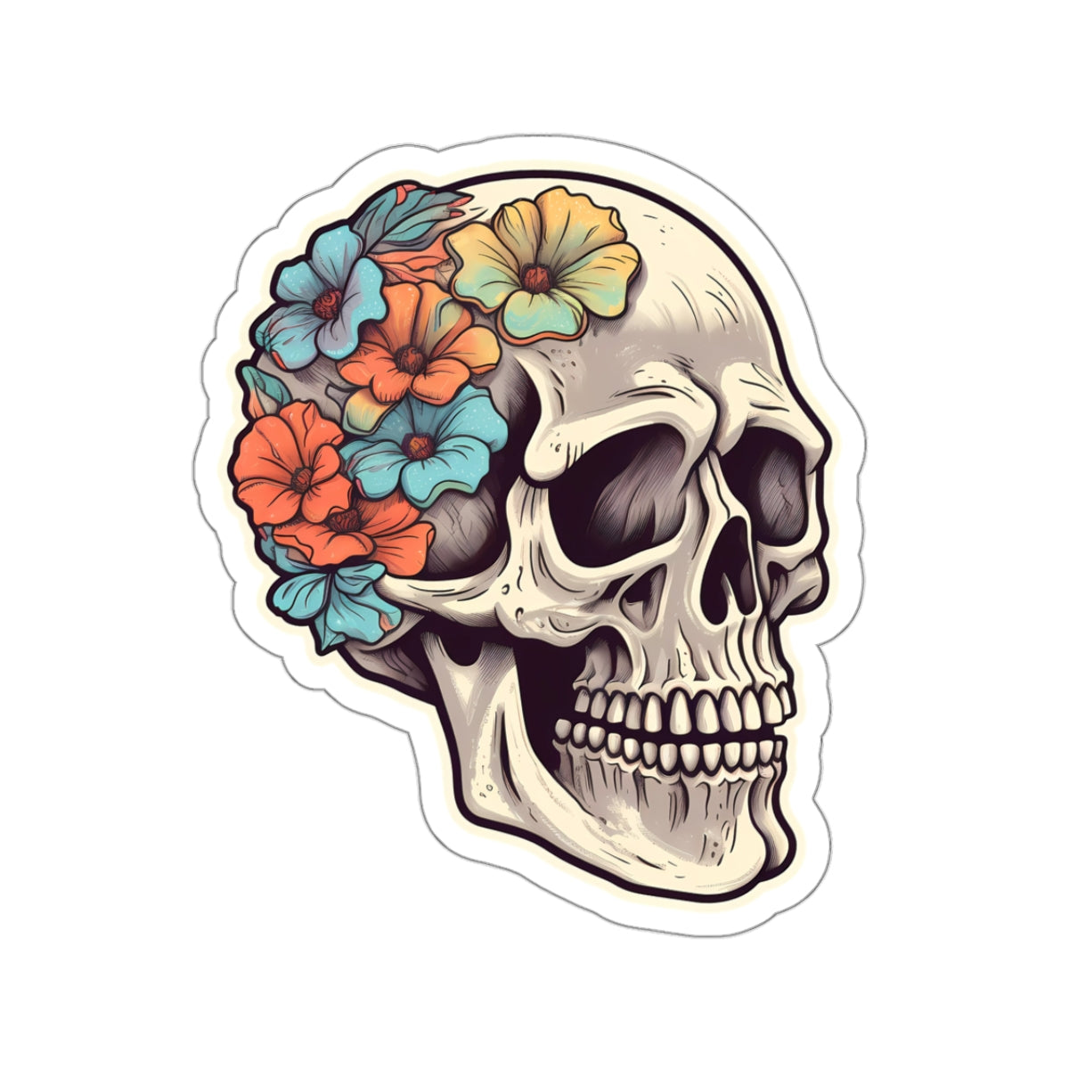 Floral Embellished Tan Skull Sticker