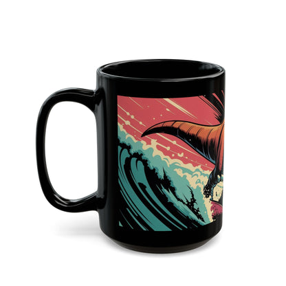 Cosmic T-Rex Surfing Mug – Bold Space-Time Adventure