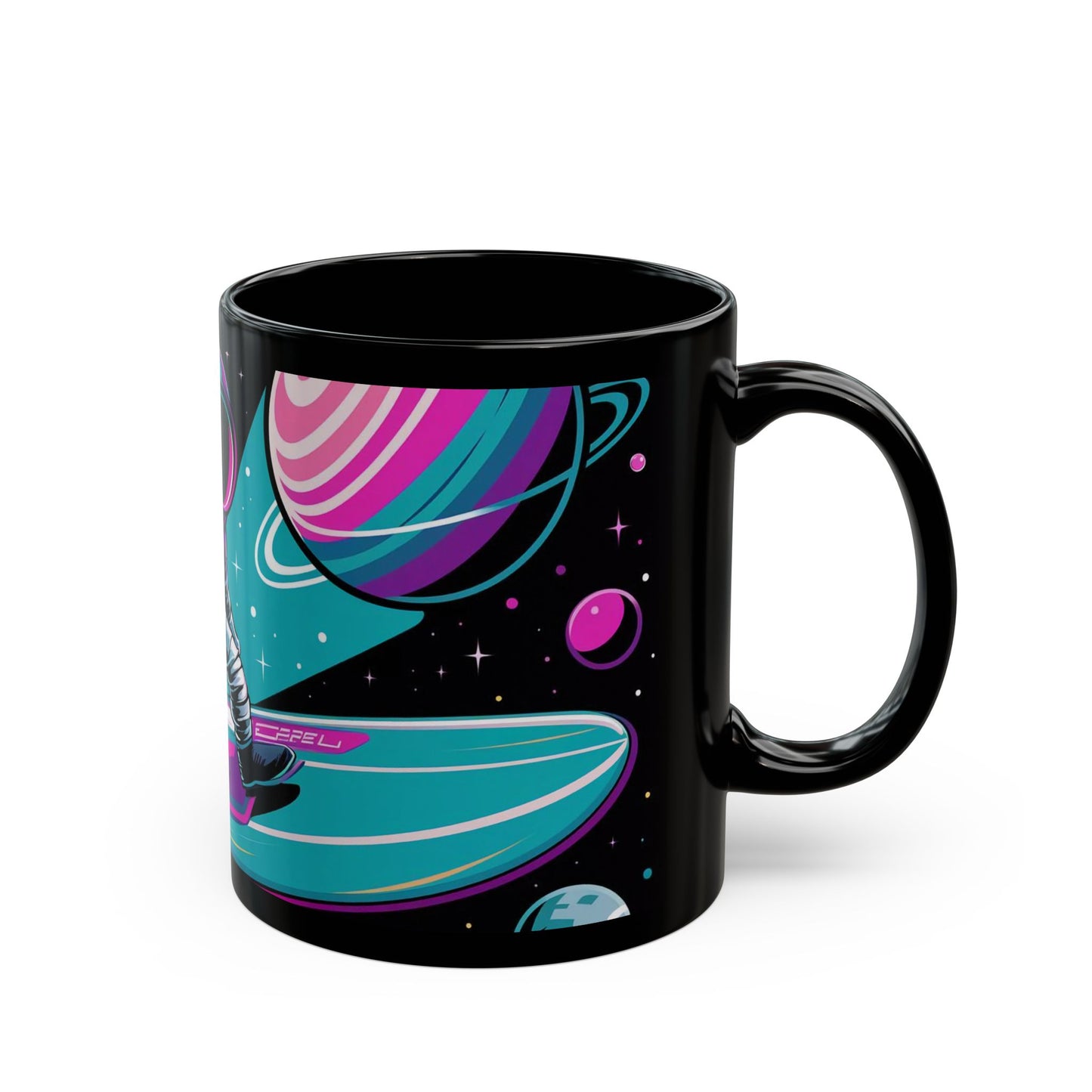 Galactic Surf Adventure Mug – Astronaut Riding Waves in Space