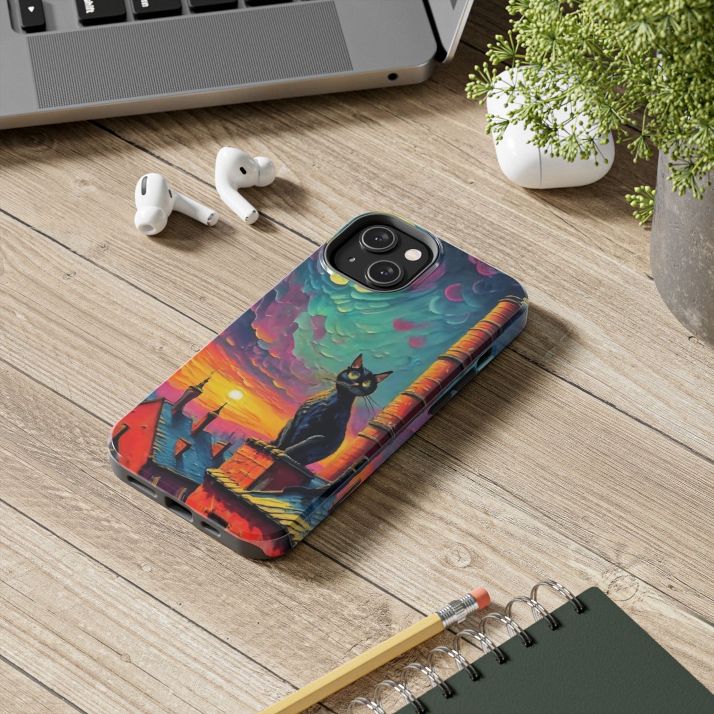 Midnight Rooftop Black Cat Tough Phone Case