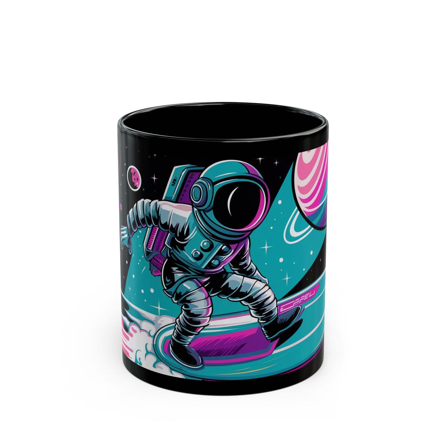 Galactic Surf Adventure Mug – Astronaut Riding Waves in Space