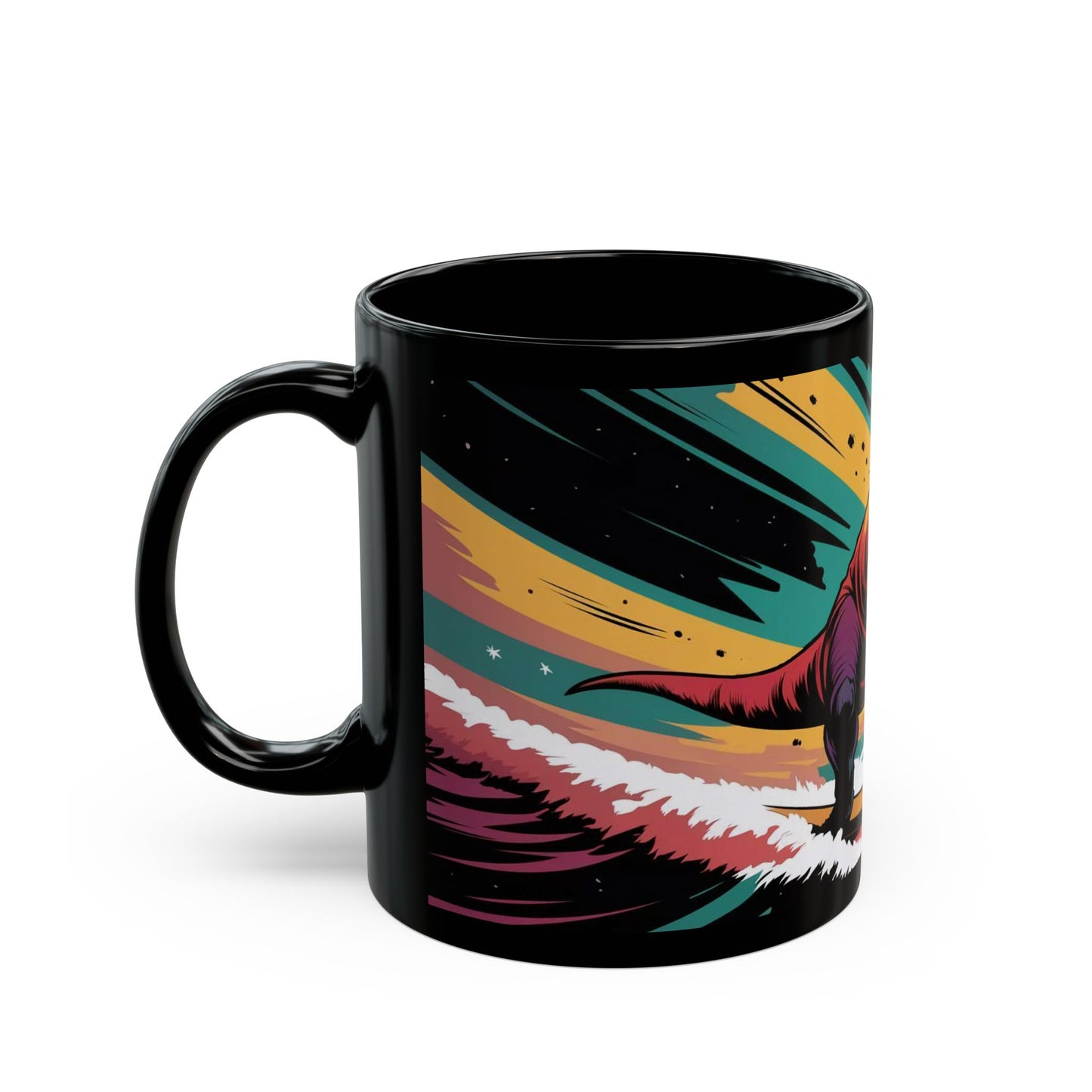 Space-Time Surfing T-Rex Mug – Comic Book Style Cosmic Adventure