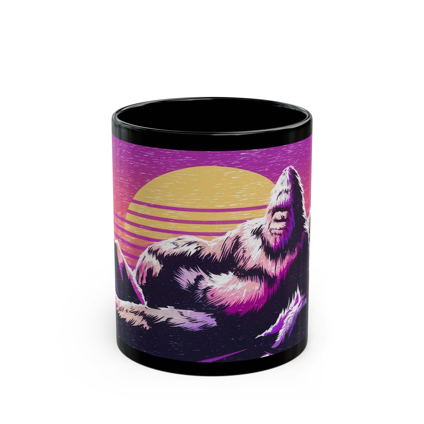 Bigfoot Vaporwave Sunset Mug – Dreamy Mountaintop