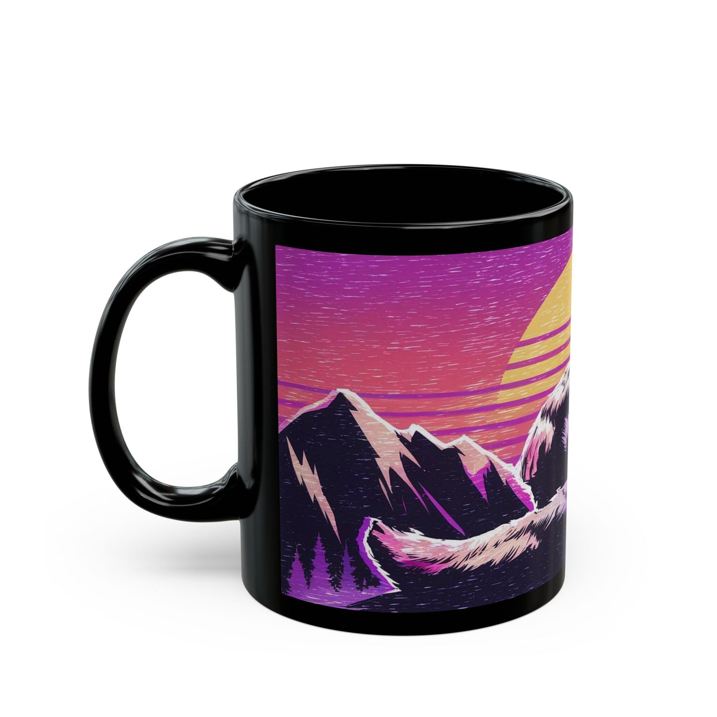 Bigfoot Vaporwave Sunset Mug – Dreamy Mountaintop