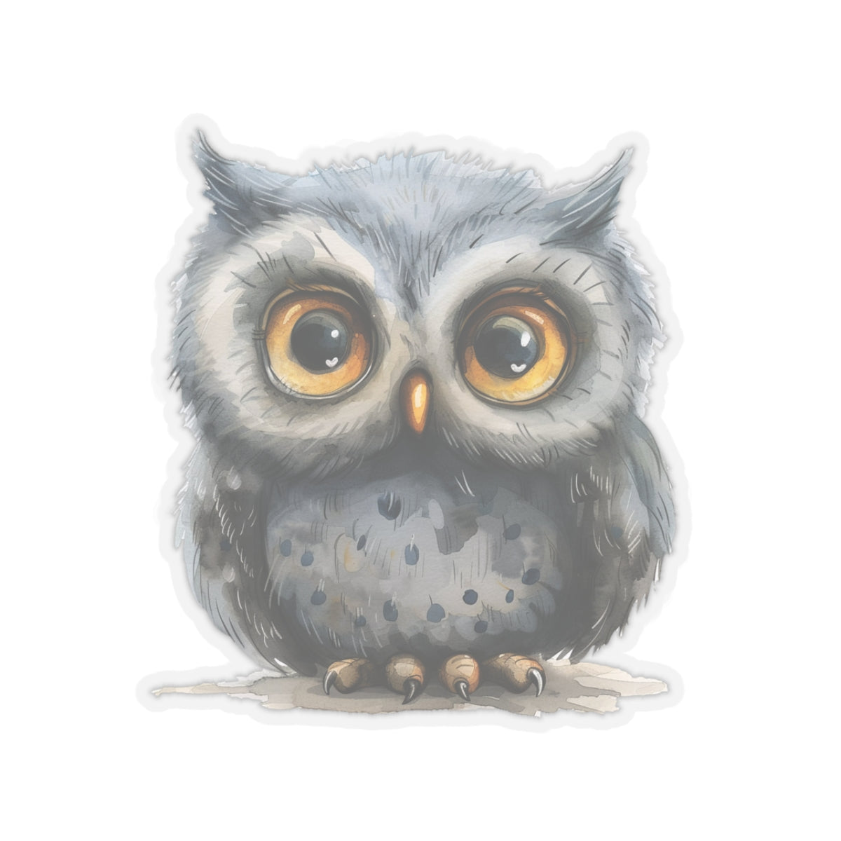 Charming Gray Owl Watercolor Cartoon Sticker