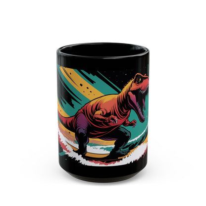 Space-Time Surfing T-Rex Mug – Comic Book Style Cosmic Adventure