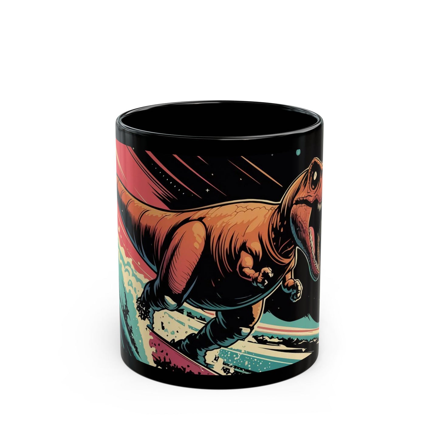 Cosmic T-Rex Surfing Mug – Bold Space-Time Adventure