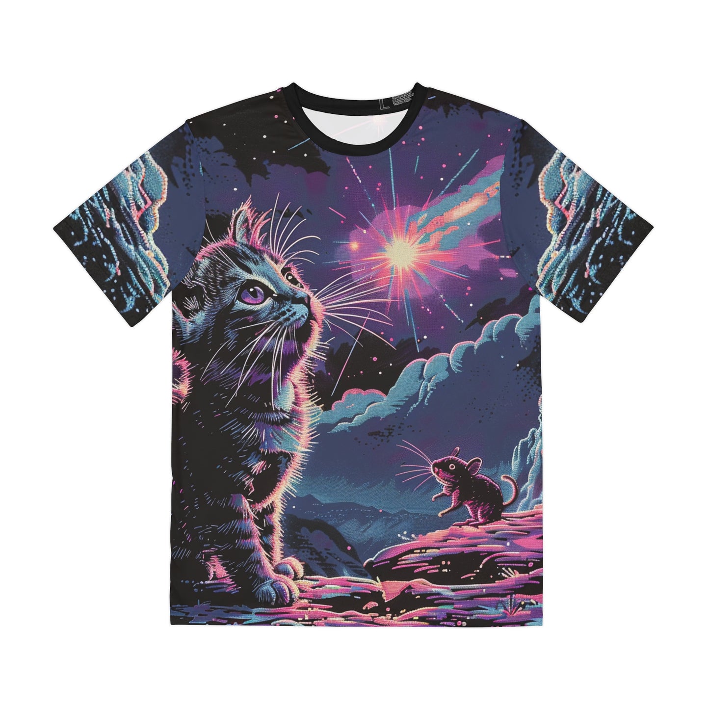 Starry Night Kitty & Mouse Tee - Cosmic Cat and Mouse Shirt