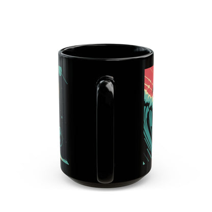 Cosmic T-Rex Surfing Mug – Bold Space-Time Adventure