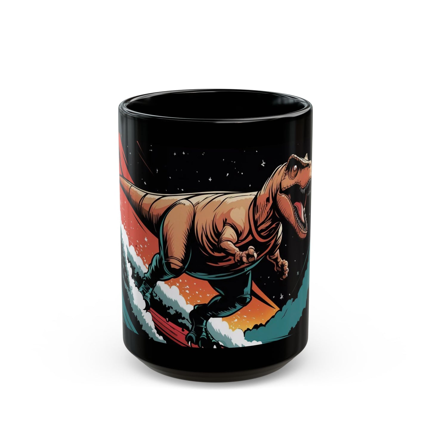 Cosmic Surfing T-Rex Mug – Bold Comic Book Style Adventure