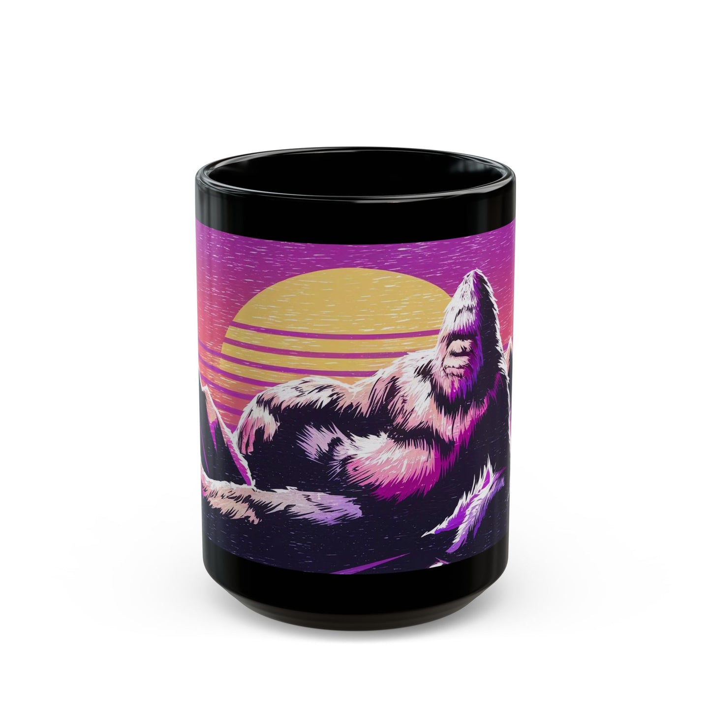 Bigfoot Vaporwave Sunset Mug – Dreamy Mountaintop