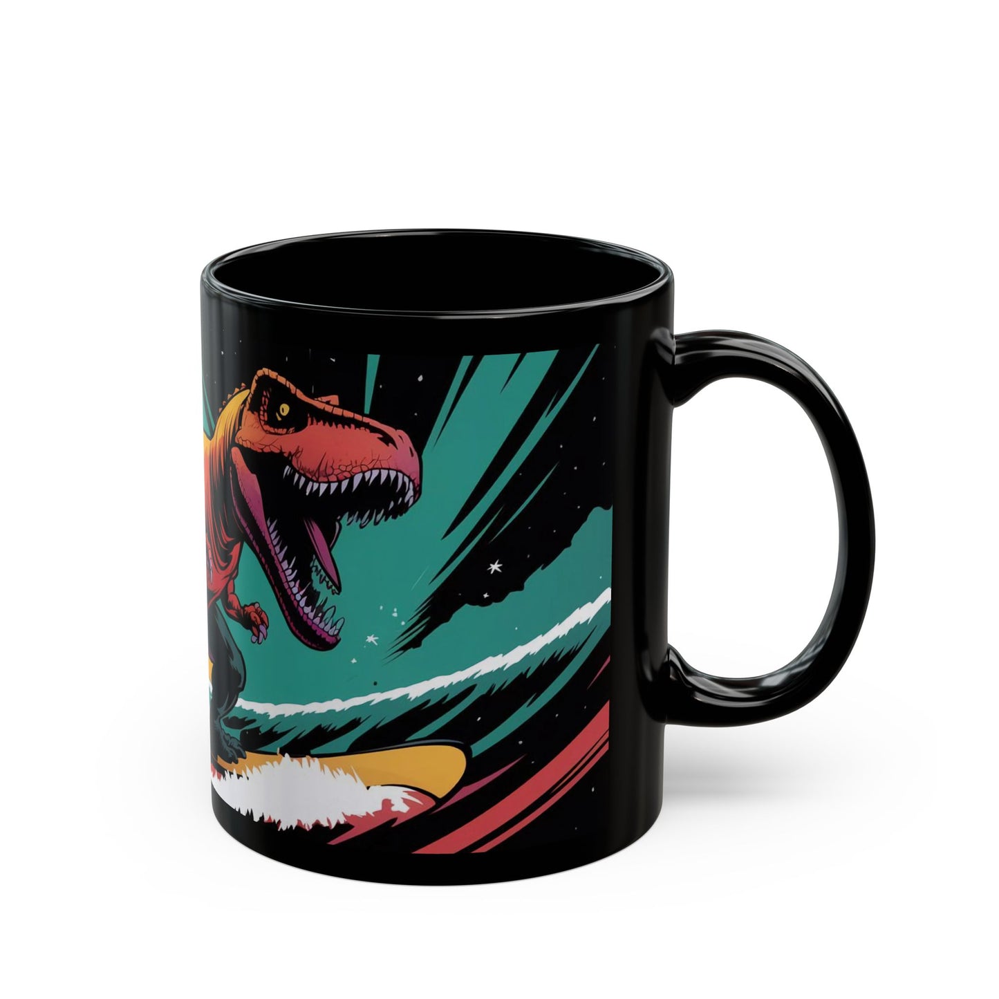 Space-Time Surfing T-Rex Mug – Comic Book Style Cosmic Adventure