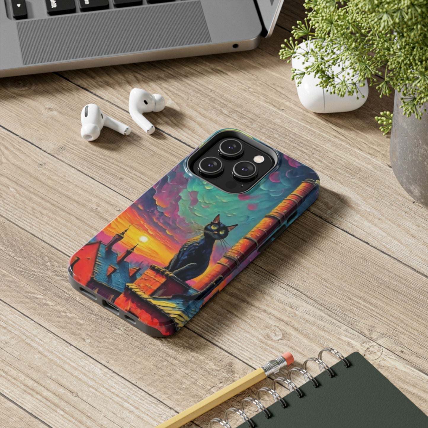 Midnight Rooftop Black Cat Tough Phone Case