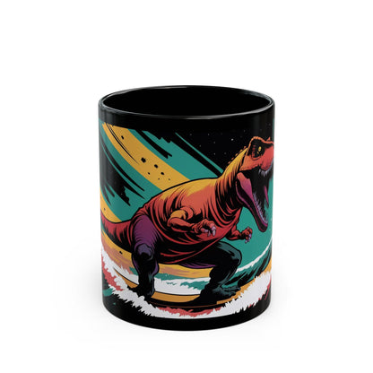 Space-Time Surfing T-Rex Mug – Comic Book Style Cosmic Adventure