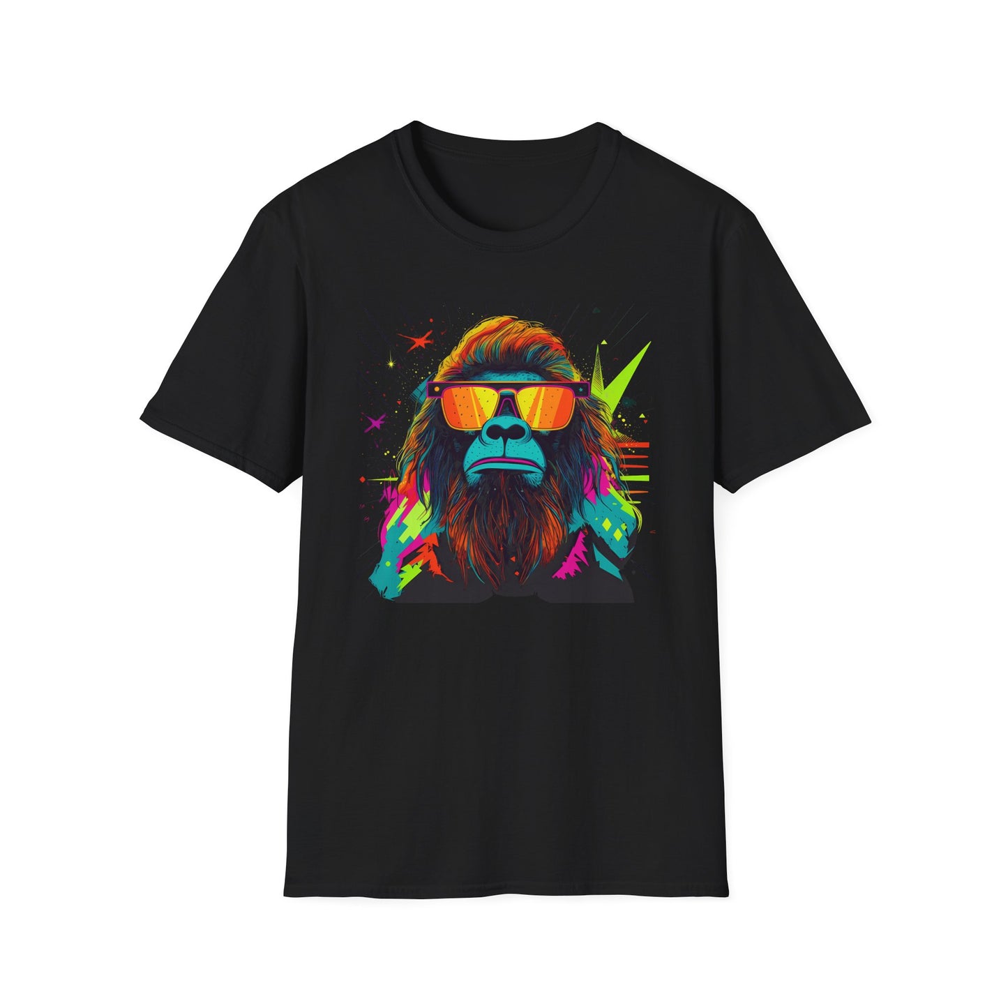 Neon Bigfoot Explorer Unisex Softstyle T-Shirt - Comfortable Tee with Vibrant Bigfoot Design for Adventure Enthusiasts