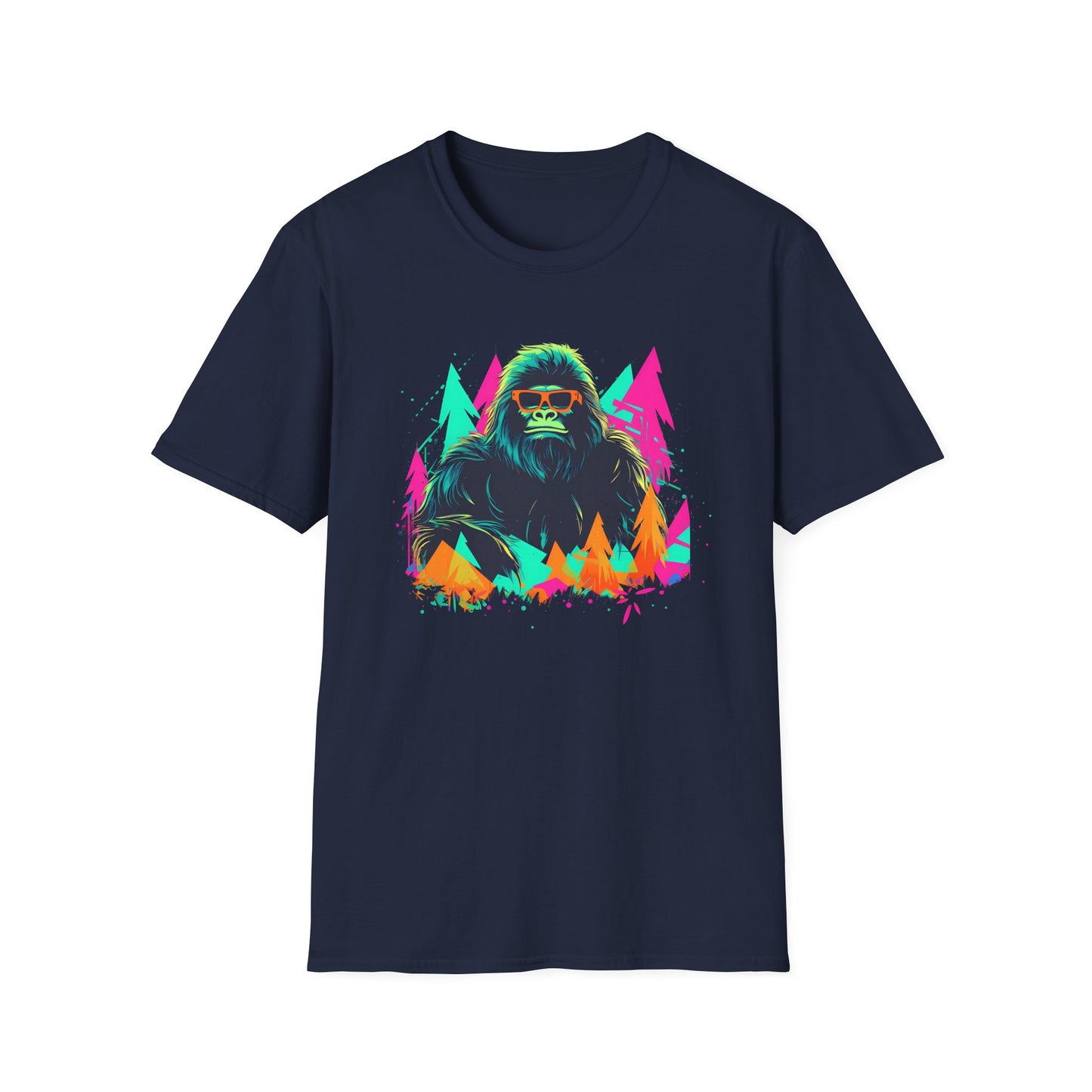 Neon Bigfoot Forest Adventure Unisex Softstyle T-Shirt - Comfortable Tee with Vibrant Bigfoot Design for Outdoor Enthusiasts