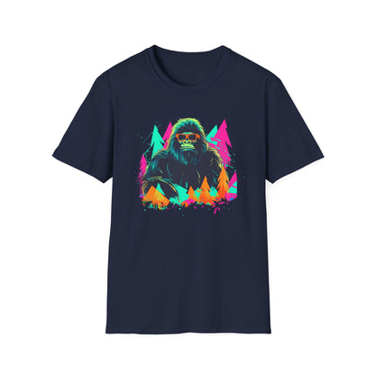 Neon Bigfoot Forest Adventure Unisex Softstyle T-Shirt - Comfortable Tee with Vibrant Bigfoot Design for Outdoor Enthusiasts