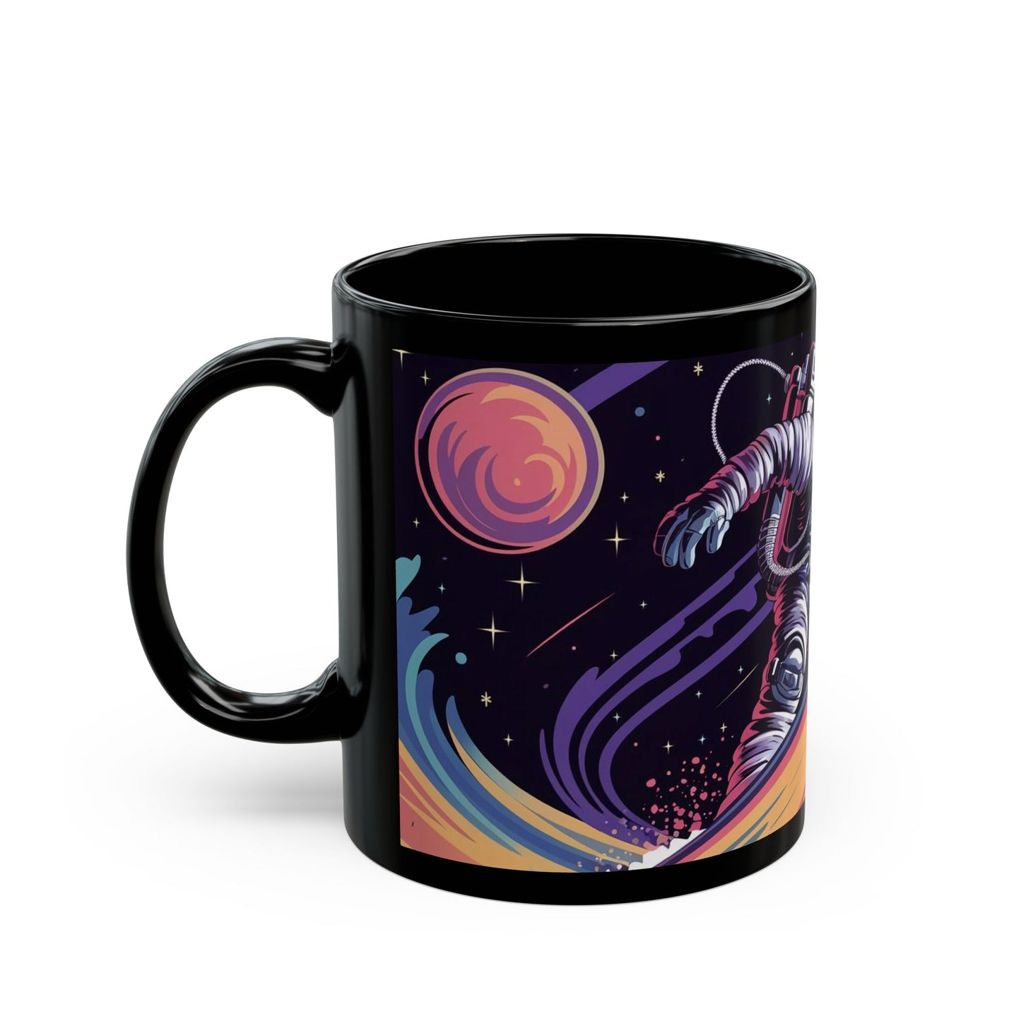 Cosmic Surf Explorer Mug – Astronaut Riding Waves in Space