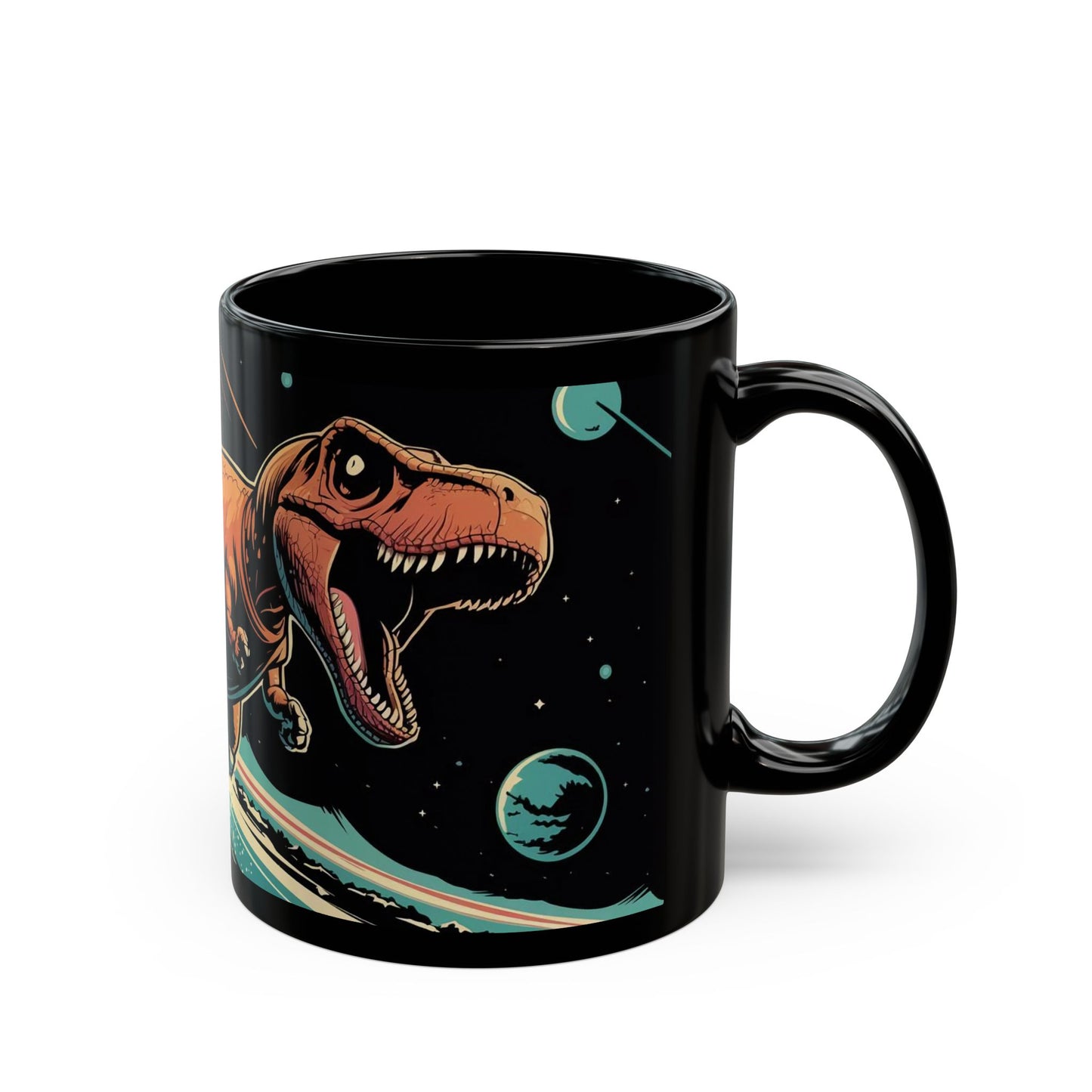 Cosmic T-Rex Surfing Mug – Bold Space-Time Adventure