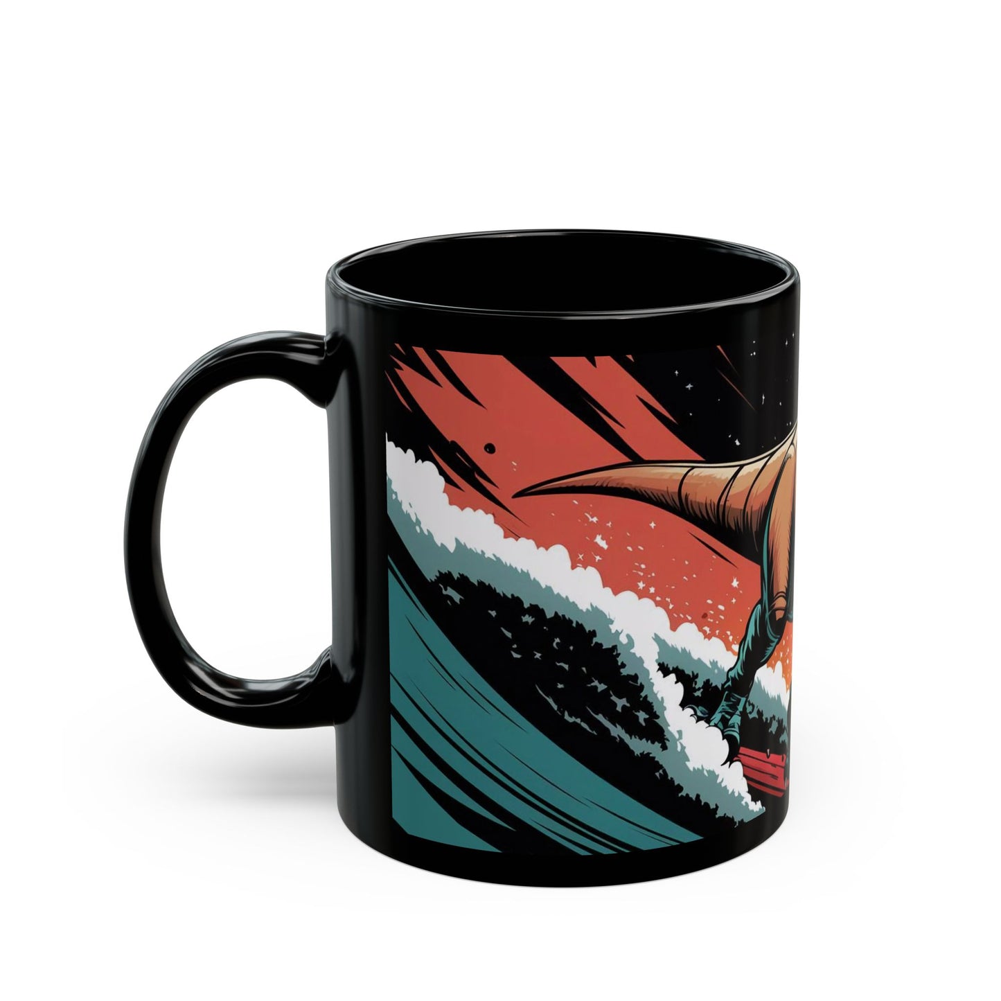 Cosmic Surfing T-Rex Mug – Bold Comic Book Style Adventure