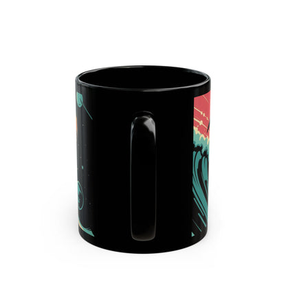 Cosmic T-Rex Surfing Mug – Bold Space-Time Adventure