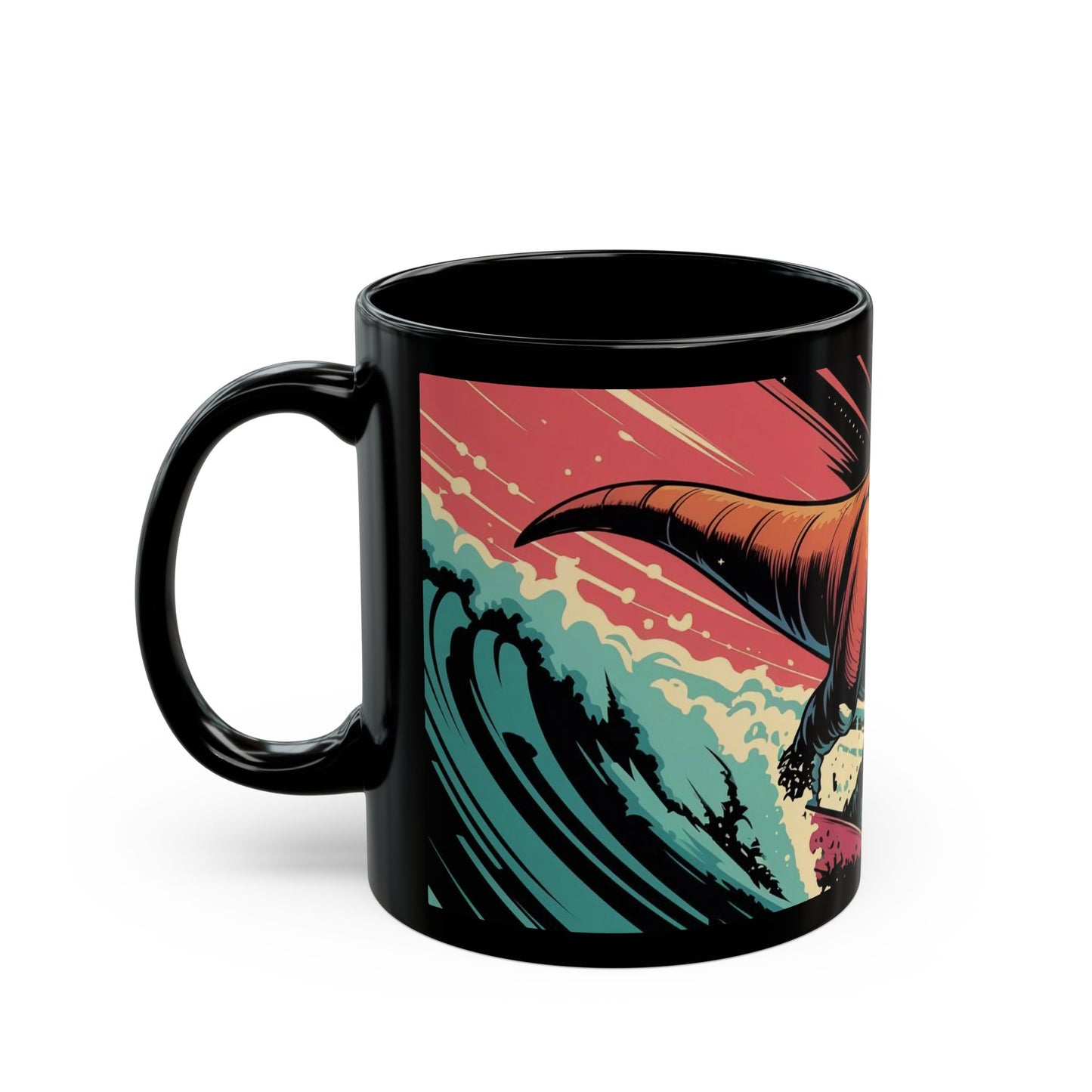 Cosmic T-Rex Surfing Mug – Bold Space-Time Adventure