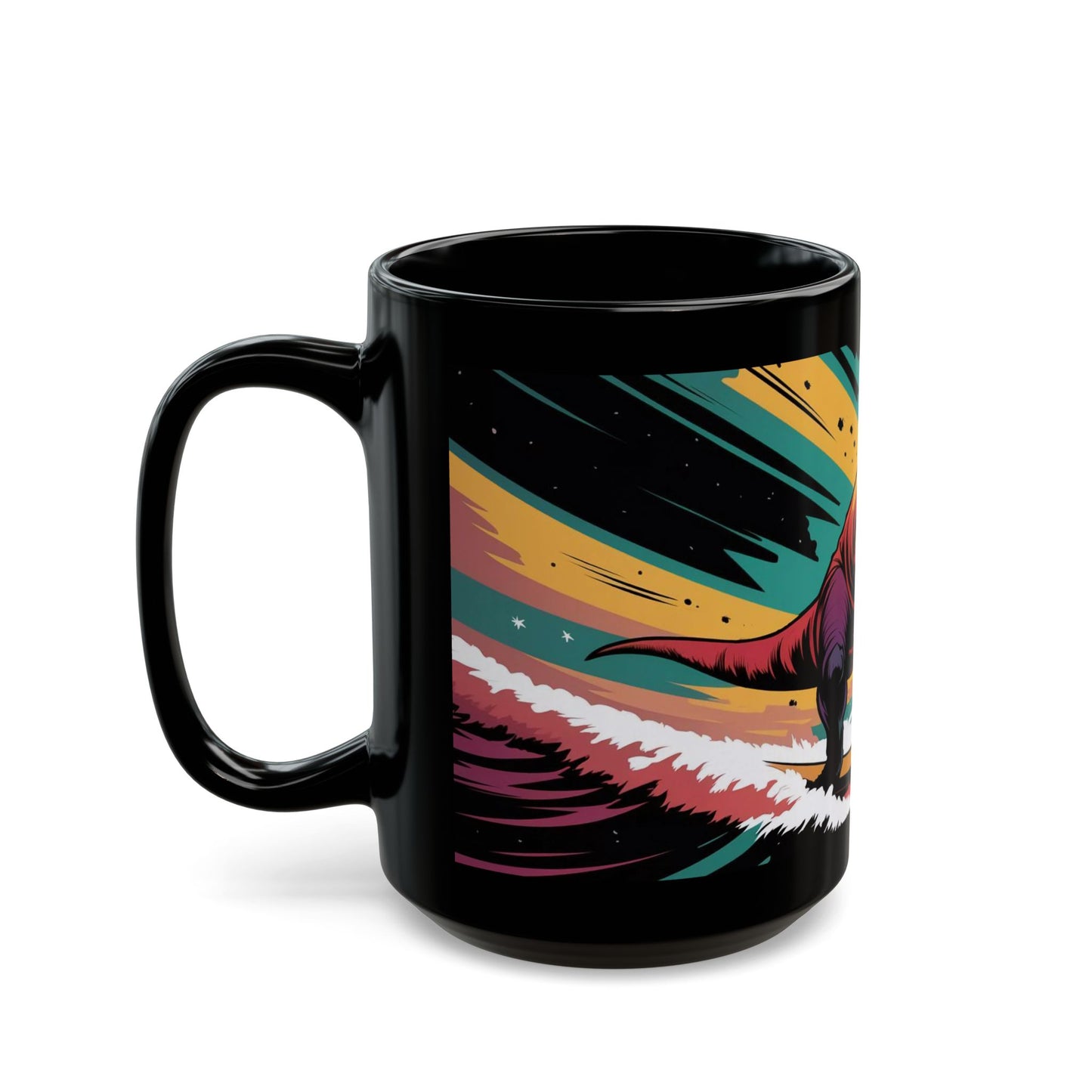 Space-Time Surfing T-Rex Mug – Comic Book Style Cosmic Adventure