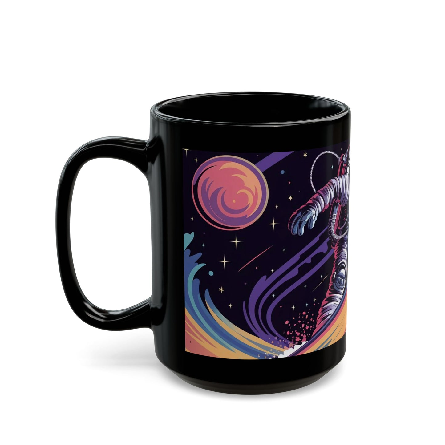 Cosmic Surf Explorer Mug – Astronaut Riding Waves in Space