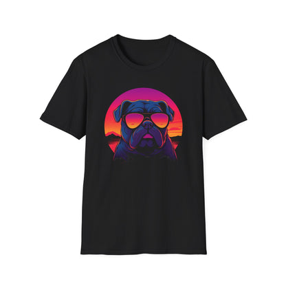 Synthwave Sunset Bulldog Unisex Softstyle T-Shirt - Comfortable Tee with Retro Bulldog Design for Vintage Vibes