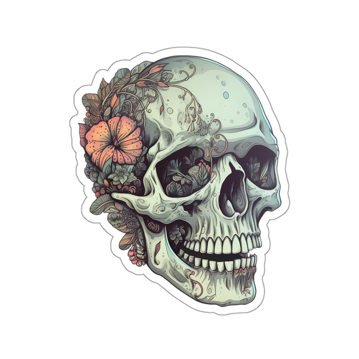 Mint Floral Back Skull Sticker