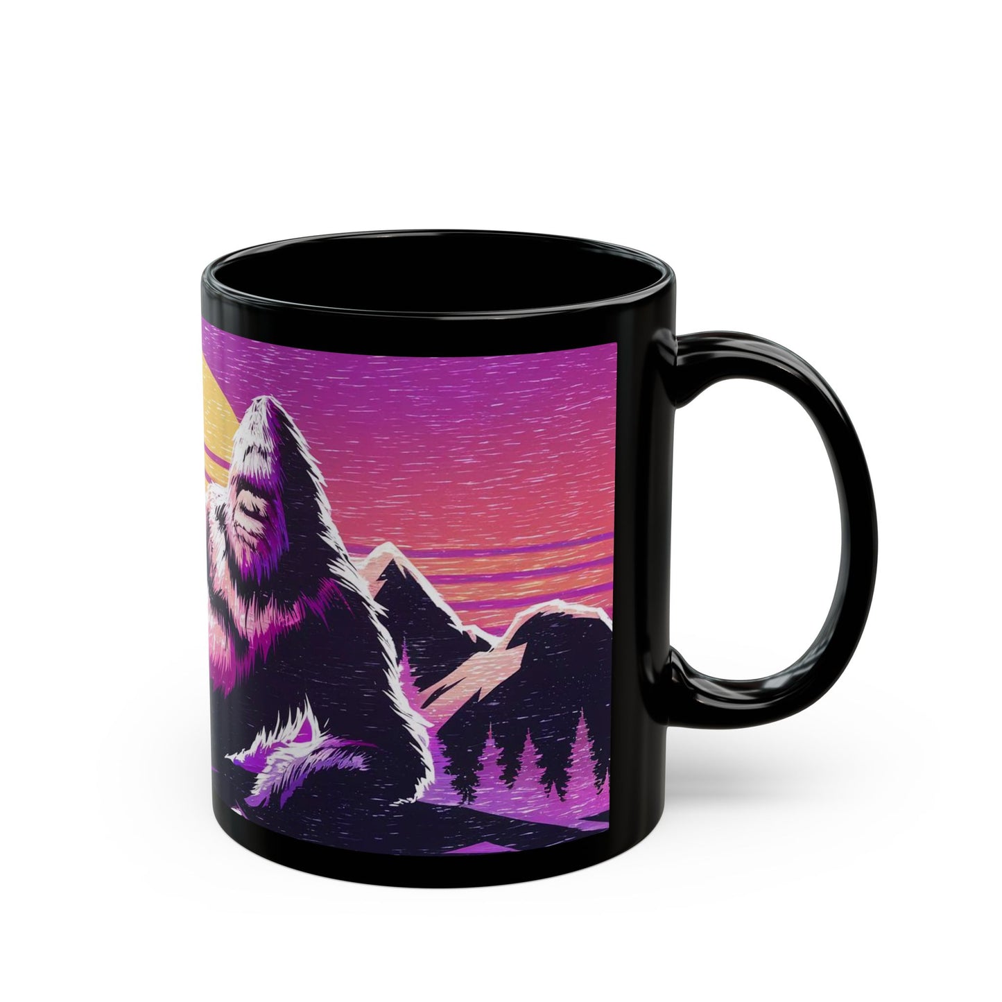 Bigfoot Vaporwave Sunset Mug – Dreamy Mountaintop