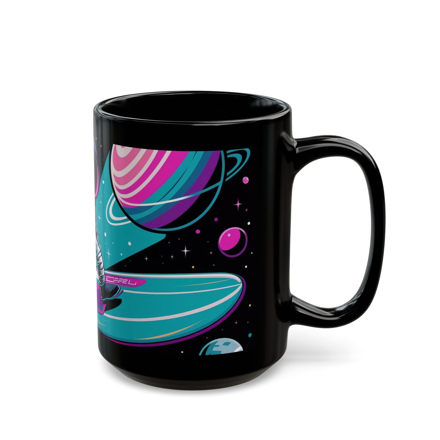 Galactic Surf Adventure Mug – Astronaut Riding Waves in Space