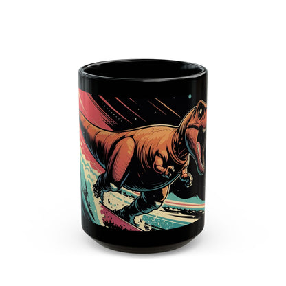 Cosmic T-Rex Surfing Mug – Bold Space-Time Adventure