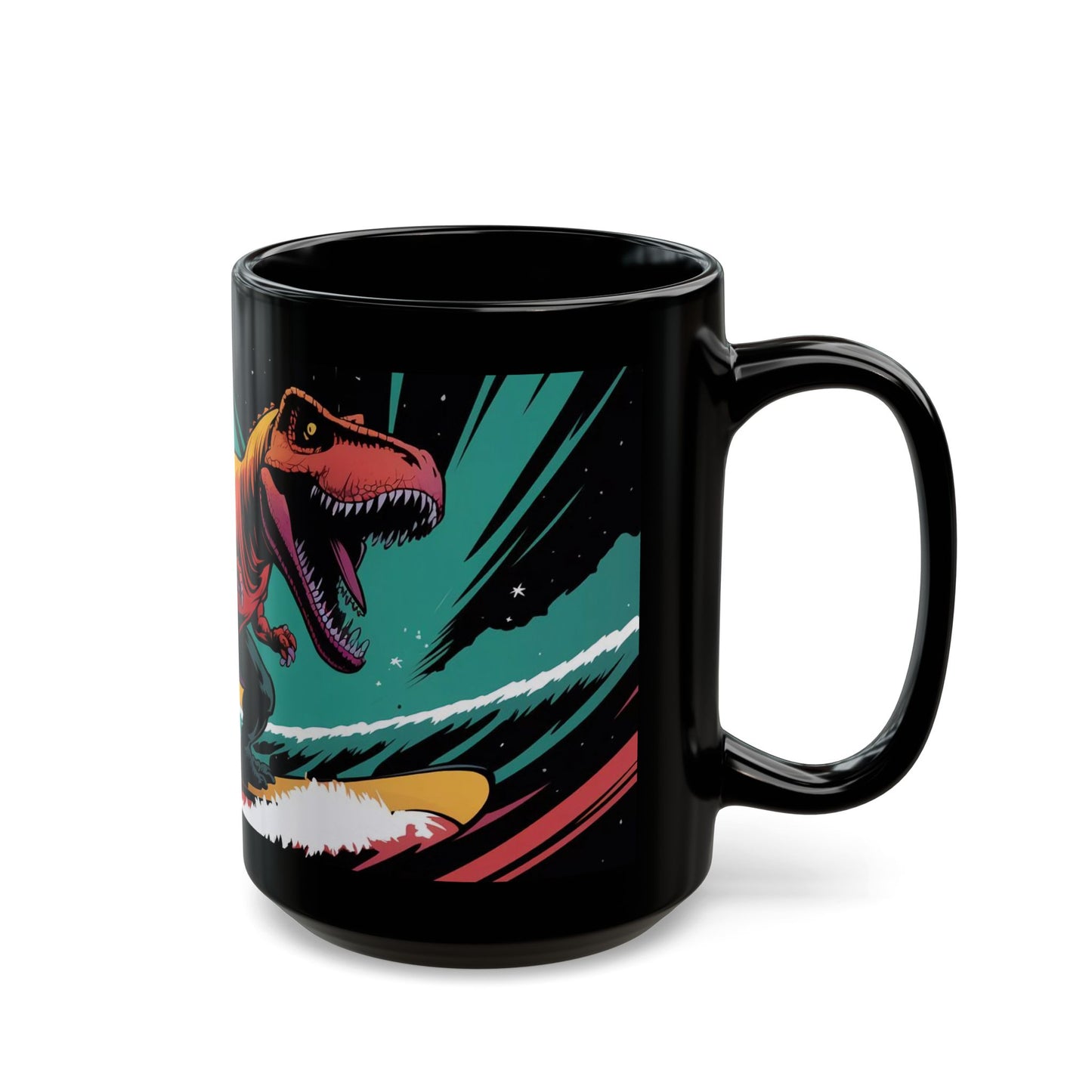 Space-Time Surfing T-Rex Mug – Comic Book Style Cosmic Adventure