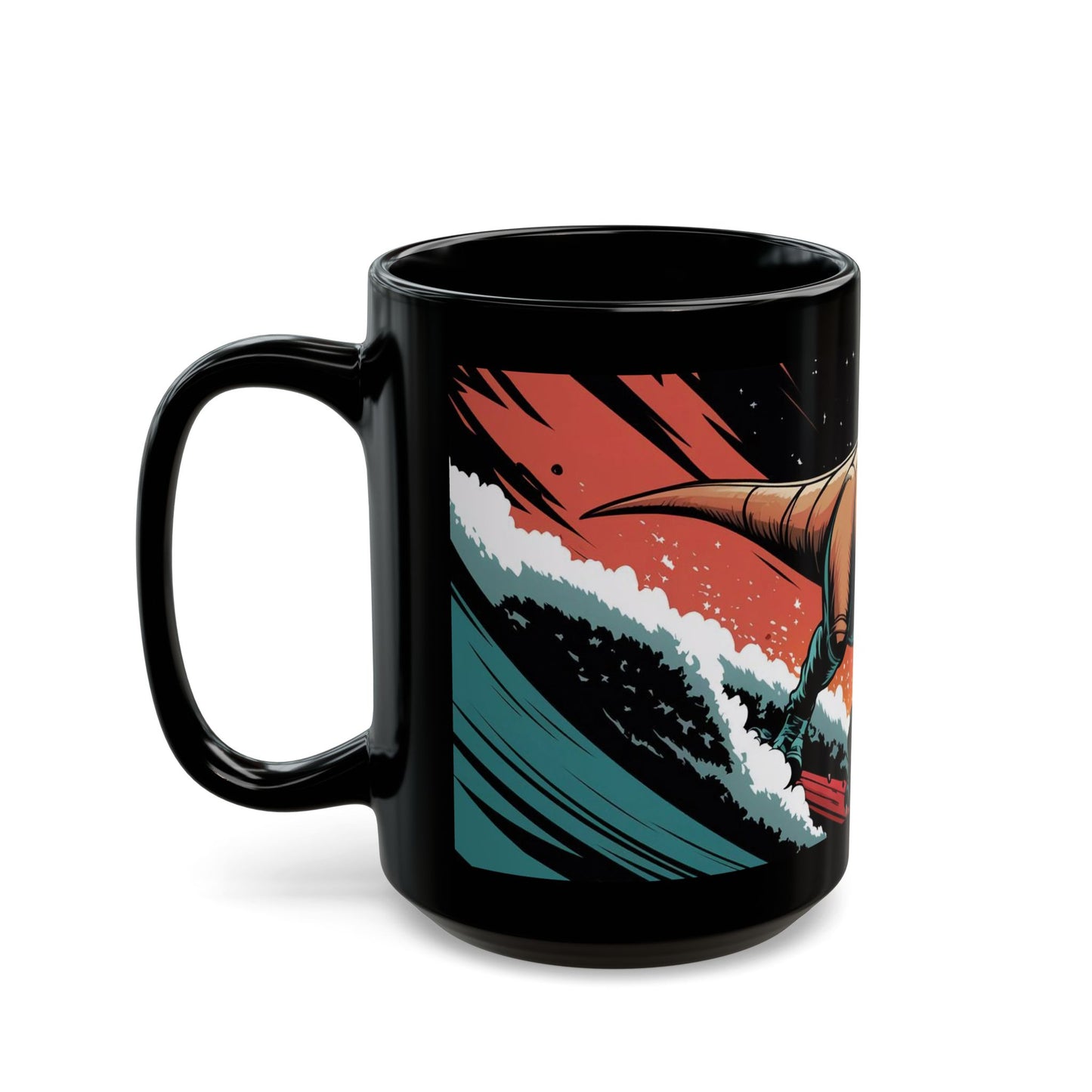 Cosmic Surfing T-Rex Mug – Bold Comic Book Style Adventure