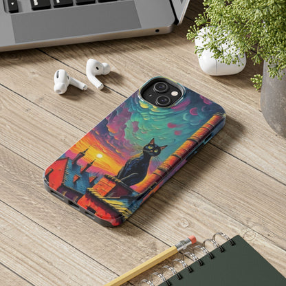 Midnight Rooftop Black Cat Tough Phone Case