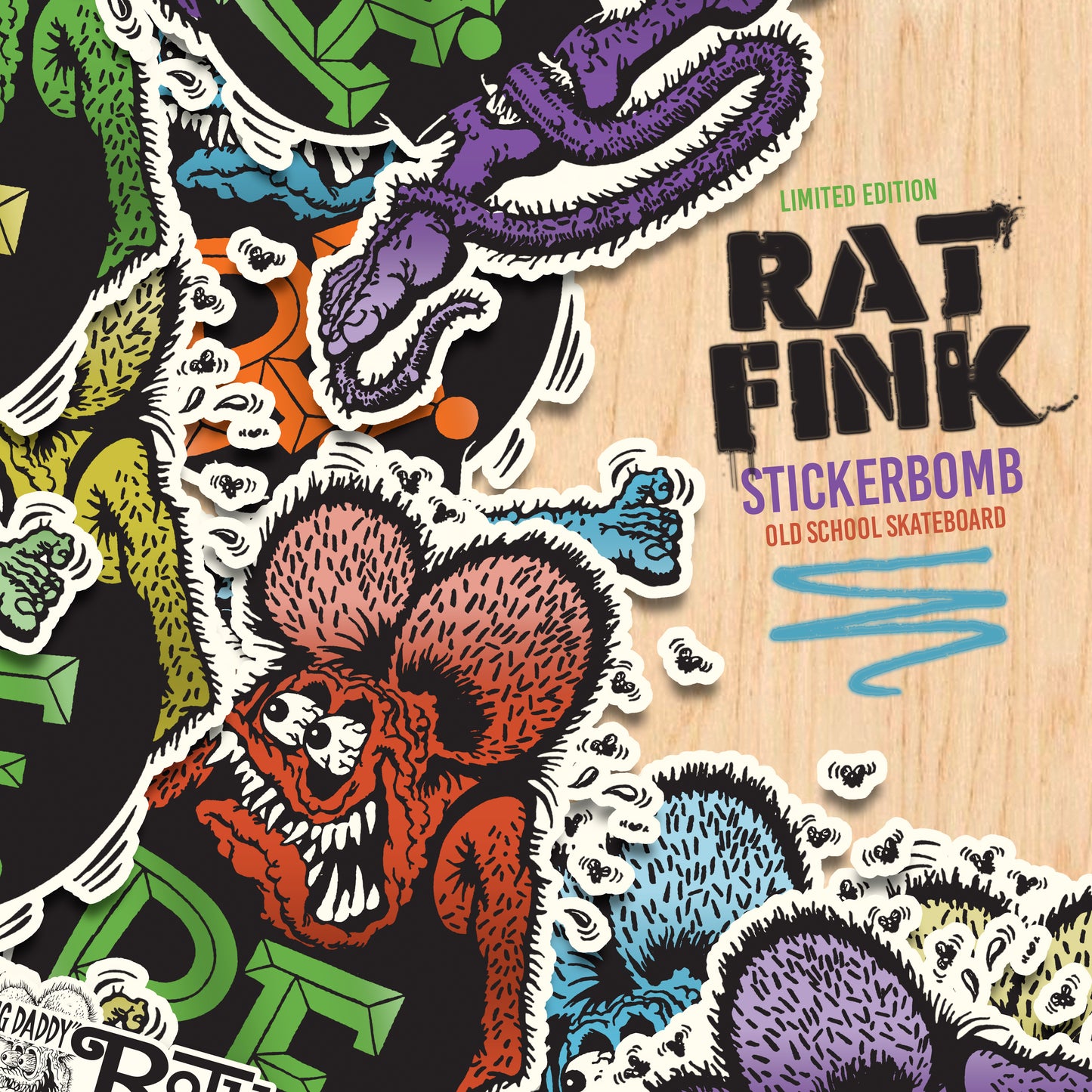 Rat Fink Stickerbomb - Custom Rat Fink Old School Skateboard